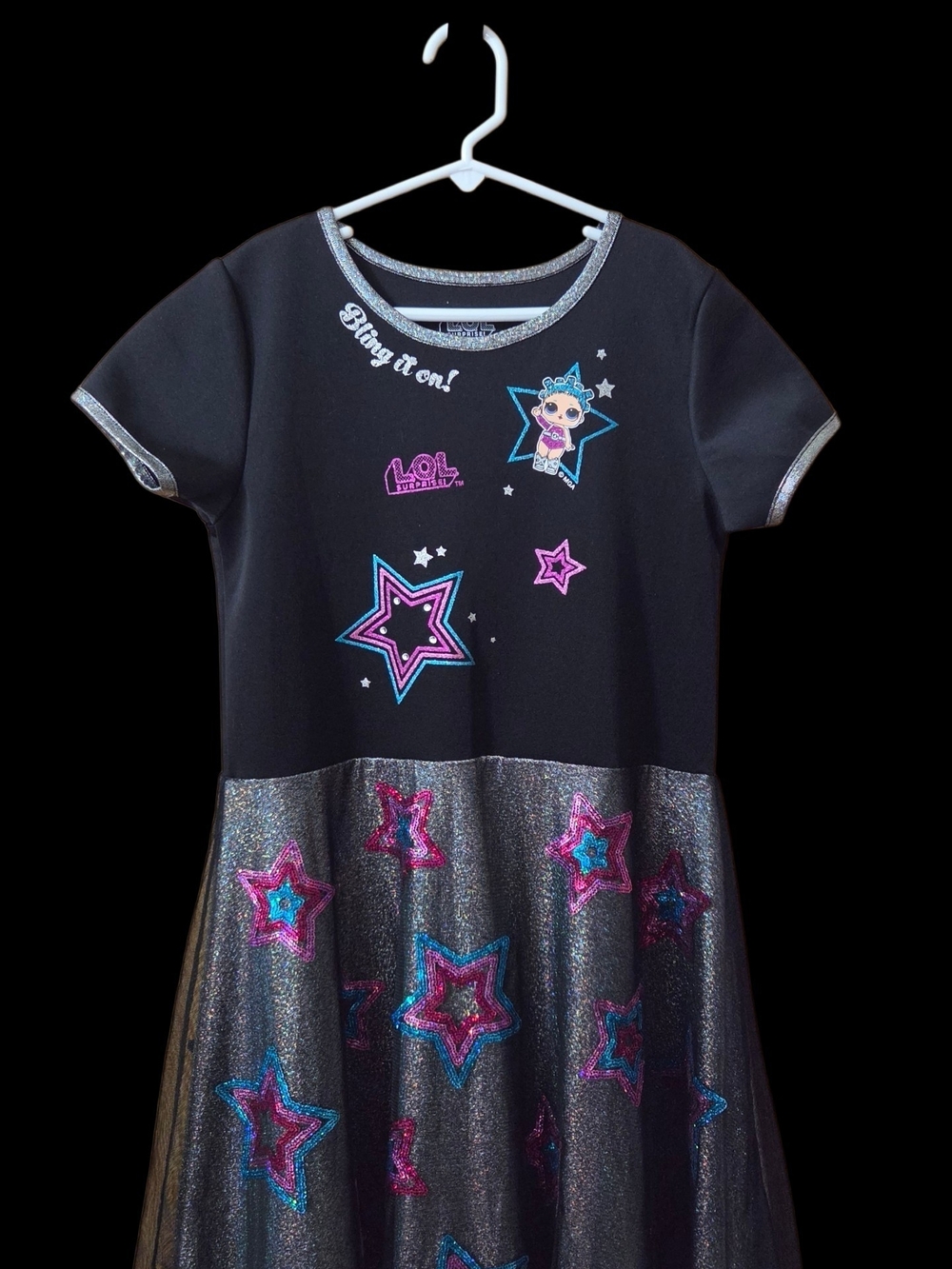 L.O.L. Surprise! Black Dress with Silver Glitter Skirt and Pink & Teal Stars